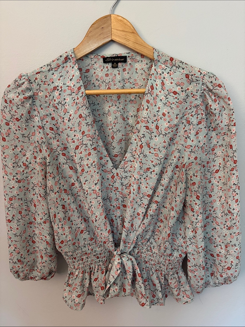 Shinestar Mint Floral Tie-Front Puff Sleeve Blouse